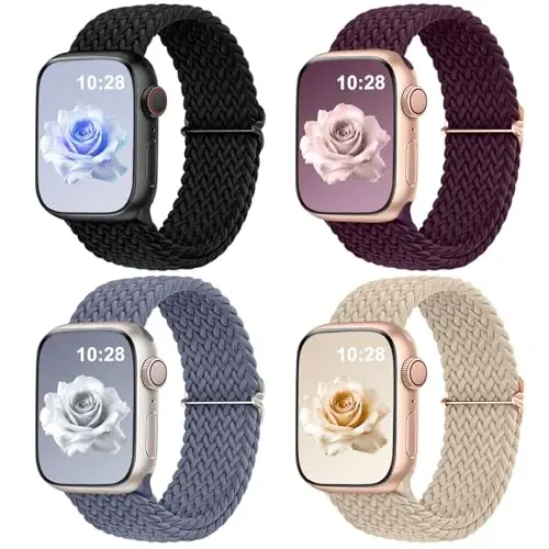 DaQin 4'lü Örgülü Esnek Solo Loop, Kadın Erkek için Apple Watch Kordonları ile Uyumlu 40mm 41mm 42mm 44mm 45mm 46mm 49mm 38mm, iWatch Serisi 11 10 9 8 7 6 5 4 3 2 1 SE Ultra için Naylon Elastik Kordon 