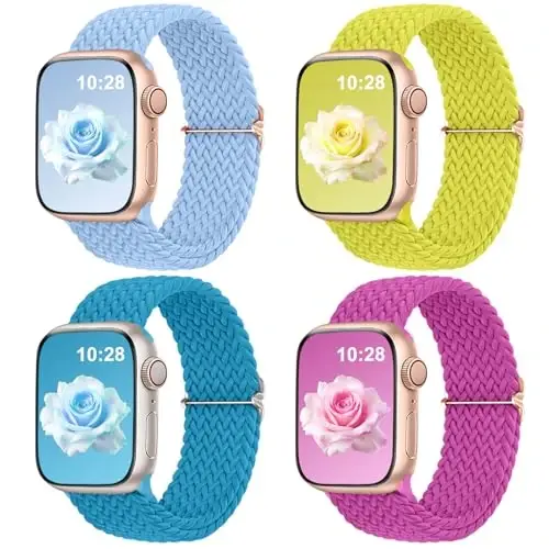 DaQin 4 Pack Braided Solo Loop Compatible with Apple Watch Band 38mm 40mm 41mm 42mm 44mm 45mm 46mm 49mm for Women Men, Stretchy Soft Nylon Strap for iWatch Series 10 9 8 7 6 5 4 3 2 1 SE Ultra/Ultra 2 