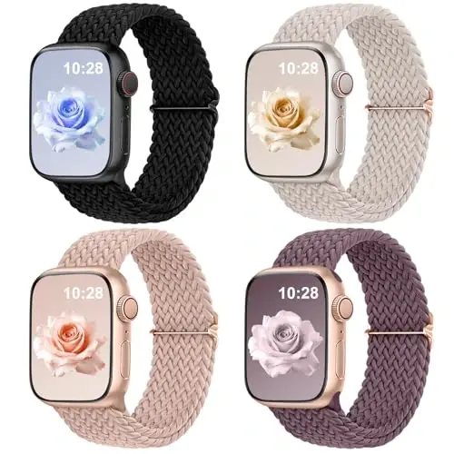 DaQin 4'lü Örgülü Solo Loop Apple Watch Bandı ile Uyumlu 38mm 40mm 41mm 42mm 44mm 45mm 46mm 49mm Kadın Erkek için, iWatch Serisi 10 9 8 7 6 5 4 3 2 1 SE Ultra/Ultra 2 için Esnek Yumuşak Naylon Kayış 