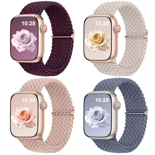DaQin 4'lü Örgülü Solo Loop Apple Watch Bandı ile Uyumlu 38mm 40mm 41mm 42mm 44mm 45mm 46mm 49mm Kadın Erkek için, iWatch Serisi 10 9 8 7 6 5 4 3 2 1 SE Ultra/Ultra 2 için Esnek Yumuşak Naylon Kayış 
