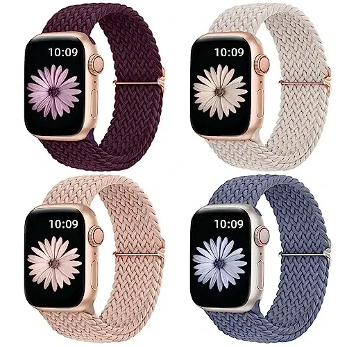 DaQin 4 Pack Braided Stretchy Solo Loop Compatible with Apple Watch Bands for Women Men 40mm 41mm 42mm 44mm 45mm 46mm 49mm 38mm, Nylon Elastic Strap for iWatch Series 11 10 9 8 7 6 5 4 3 2 1 SE Ultra - 1