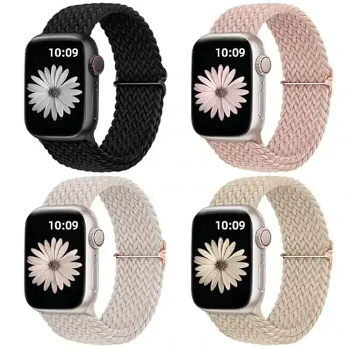 DaQin 4 Pack Braided Solo Loop Compatible with Apple Watch Band 38mm 40mm 41mm 42mm 44mm 45mm 46mm 49mm for Women Men, Stretchy Soft Nylon Strap for iWatch Series 10 9 8 7 6 5 4 3 2 1 SE Ultra/Ultra 2 - MODAZONE