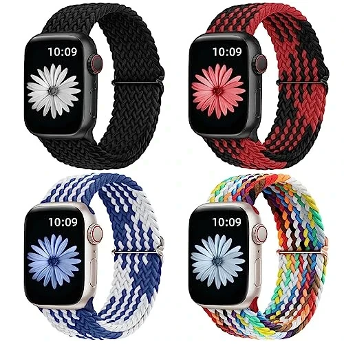 DaQin 4 Pack Braided Stretchy Solo Loop Compatible with Apple Watch Bands for Women Men 40mm 41mm 42mm 44mm 45mm 46mm 49mm 38mm, Nylon Elastic Strap for iWatch Series 11 10 9 8 7 6 5 4 3 2 1 SE Ultra - 1