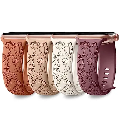 DaQin 4 Pack Band Compatible with Apple Watch Band 38mm 40mm 41mm 42mm 44mm 45mm 49mm Women Men, Flower Engraved Soft Silicone Classy Sport Strap for Apple Watch Series 8 7 6 5 4 3 2 1 iWatch SE/Ultra | Soft Comfort Waterproof Silicone, Cute Flower E - 1