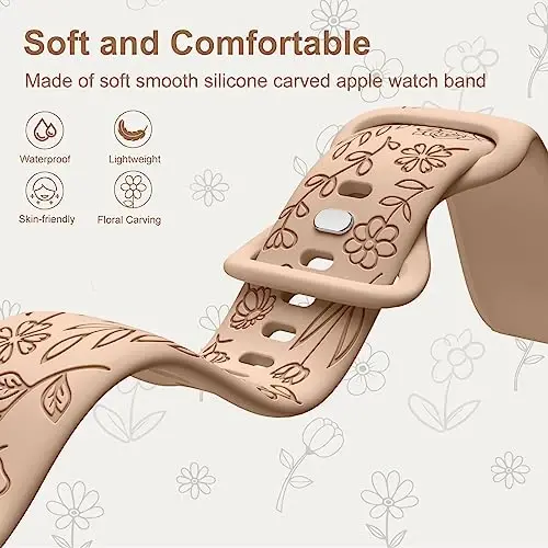 DaQin 4 Pack Band Compatible with Apple Watch Band 38mm 40mm 41mm 42mm 44mm 45mm 49mm Women Men, Flower Engraved Soft Silicone Classy Sport Strap for Apple Watch Series 8 7 6 5 4 3 2 1 iWatch SE/Ultra | Soft Comfort Waterproof Silicone, Cute Flower E - 4