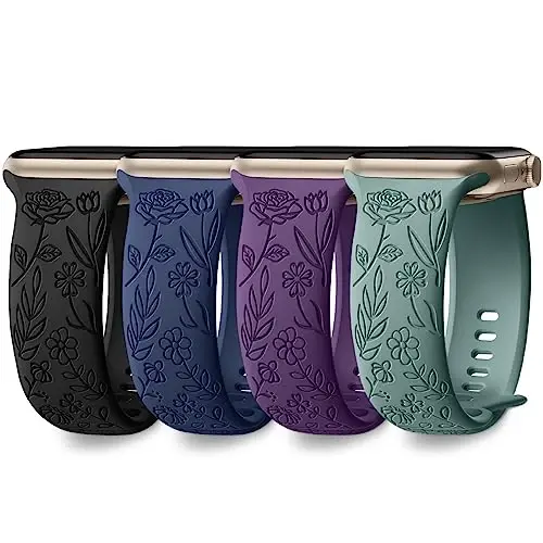 DaQin 4 Pack Floral Bands for Apple Watch Band 44mm 45mm 46mm 42mm Women | Soft Comfort Waterproof Silicone, Cute Flower Engraved Strap for iWatch Series 11 10 9 8 7 6 5 4 3 SE,Fit for Outfit Matching 
