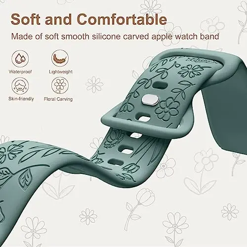 DaQin 4 Pack Floral Bands for Apple Watch Band 44mm 45mm 46mm 42mm Women | Soft Comfort Waterproof Silicone, Cute Flower Engraved Strap for iWatch Series 11 10 9 8 7 6 5 4 3 SE,Fit for Outfit Matching - 3