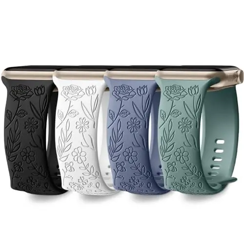 DaQin 4 Pack Floral Engraved Bands Compatible with Apple Watch Band for Women 40mm 41mm 42mm 44mm 45mm 46mm 38mm 49mm, Cute Silicone Flower Pattern Strap for iWatch Series 11 10 9 8 7 6 5 4 3 SE Ultra - 1