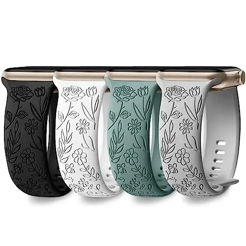 DaQin 4 Pack Floral Bands for Apple Watch Band 44mm 45mm 46mm 42mm Women | Soft Comfort Waterproof Silicone, Cute Flower Engraved Strap for iWatch Series 11 10 9 8 7 6 5 4 3 SE,Fit for Outfit Matching 