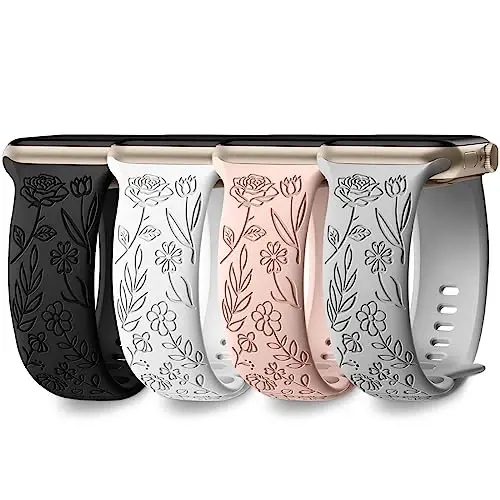 DaQin 4 Pack Floral Bands for Apple Watch Band 44mm 45mm 46mm 42mm Women | Soft Comfort Waterproof Silicone, Cute Flower Engraved Strap for iWatch Series 11 10 9 8 7 6 5 4 3 SE,Fit for Outfit Matching 