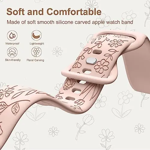 DaQin 4 Pack Floral Bands for Apple Watch Band 44mm 45mm 46mm 42mm Women | Soft Comfort Waterproof Silicone, Cute Flower Engraved Strap for iWatch Series 11 10 9 8 7 6 5 4 3 SE,Fit for Outfit Matching - 3