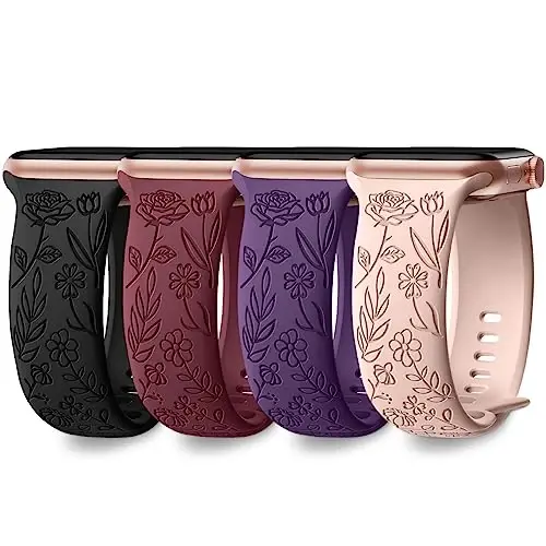 DaQin 4 Pack Floral Bands for Apple Watch Band 40mm 41mm 42mm 38mm Women | Soft Comfort Waterproof Silicone, Cute Flower Engraved Strap for iWatch Series 11 10 9 8 7 6 5 4 3 SE,Fit for Outfit Matching 