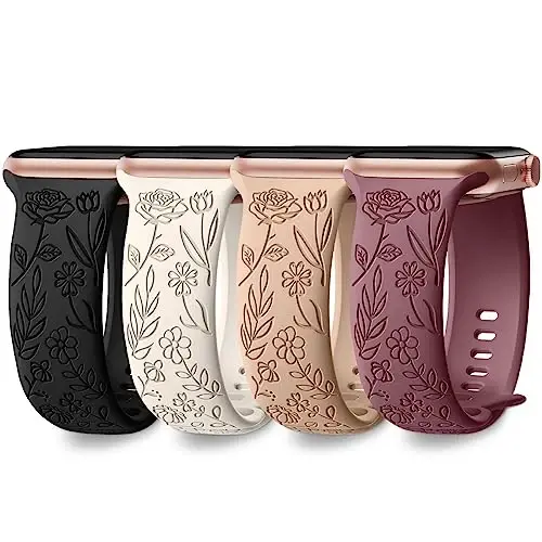 DaQin 4 Pack Band Compatible with Apple Watch Band 38mm 40mm 41mm 42mm 44mm 45mm 49mm Women Men, Flower Engraved Soft Silicone Classy Sport Strap for Apple Watch Series 8 7 6 5 4 3 2 1 iWatch SE/Ultra | Soft Comfort Waterproof Silicone, Cute Flower E 