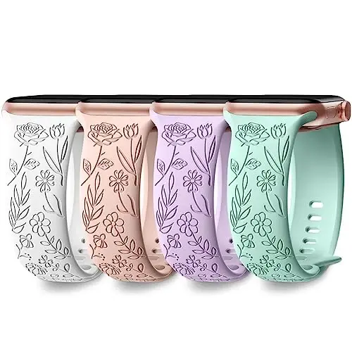 DaQin 4 Pack Floral Bands for Apple Watch Band 44mm 45mm 46mm 42mm Women | Soft Comfort Waterproof Silicone, Cute Flower Engraved Strap for iWatch Series 11 10 9 8 7 6 5 4 3 SE,Fit for Outfit Matching - 1