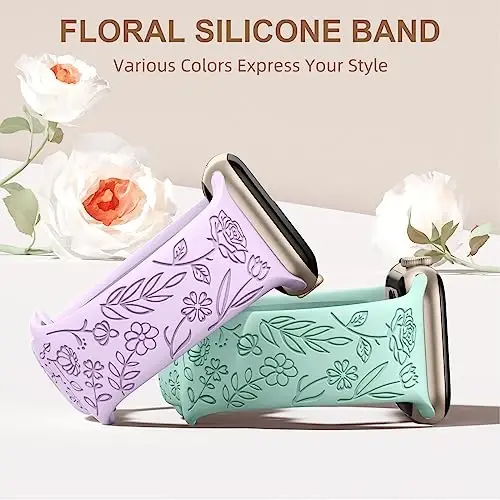 DaQin 4 Pack Floral Bands for Apple Watch Band 44mm 45mm 46mm 42mm Women | Soft Comfort Waterproof Silicone, Cute Flower Engraved Strap for iWatch Series 11 10 9 8 7 6 5 4 3 SE,Fit for Outfit Matching - 3