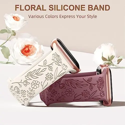 DaQin 4 Pack Band Compatible with Apple Watch Band 38mm 40mm 41mm 42mm 44mm 45mm 49mm Women Men, Flower Engraved Soft Silicone Classy Sport Strap for Apple Watch Series 8 7 6 5 4 3 2 1 iWatch SE/Ultra | Soft Comfort Waterproof Silicone, Cute Flower E - 2