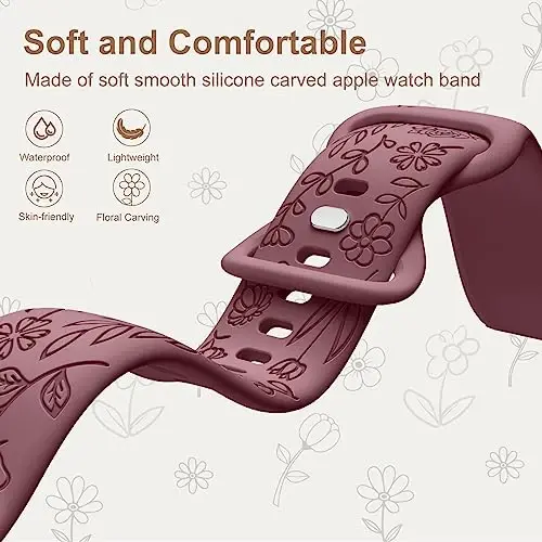 DaQin 4 Pack Band Compatible with Apple Watch Band 38mm 40mm 41mm 42mm 44mm 45mm 49mm Women Men, Flower Engraved Soft Silicone Classy Sport Strap for Apple Watch Series 8 7 6 5 4 3 2 1 iWatch SE/Ultra | Soft Comfort Waterproof Silicone, Cute Flower E - 3