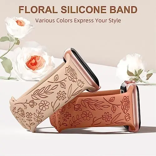 DaQin 4 Pack Floral Engraved Bands Compatible with Apple Watch Band for Women 40mm 41mm 42mm 44mm 45mm 46mm 38mm 49mm, Cute Silicone Flower Pattern Strap for iWatch Series 11 10 9 8 7 6 5 4 3 SE Ultra - 3