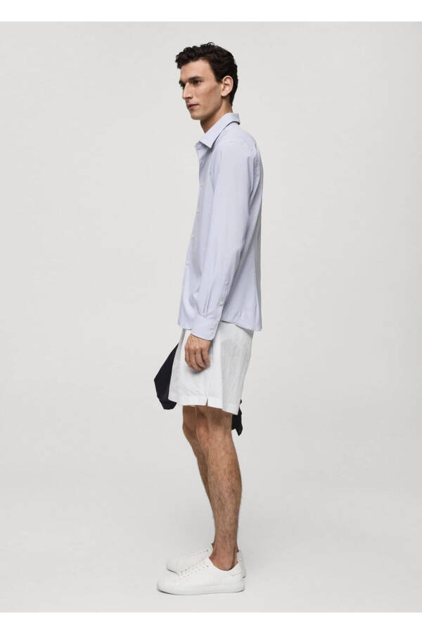 Dar kesim çizgili streç kumaş gömlek-Beyaz - 5