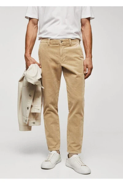 Dar Kesim Crop Fitilli Kadife Pantolon-Bej - 1