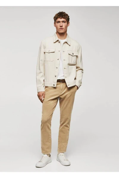 Dar Kesim Crop Fitilli Kadife Pantolon-Bej - 2