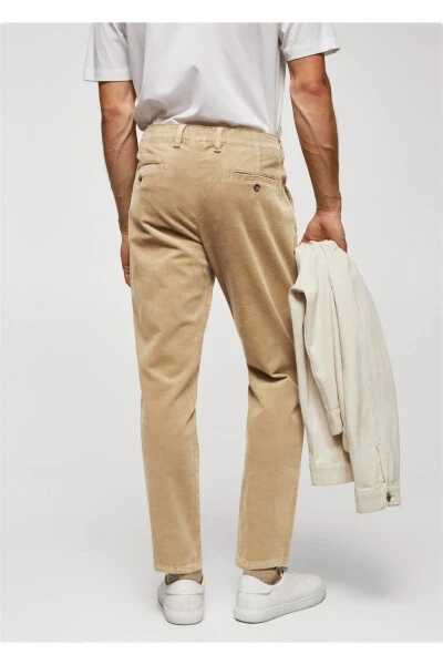 Dar Kesim Crop Fitilli Kadife Pantolon-Bej - 4