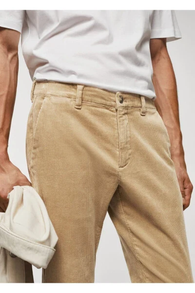 Dar Kesim Crop Fitilli Kadife Pantolon-Bej - 5