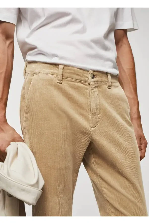 Dar Kesim Crop Fitilli Kadife Pantolon-Bej - 5