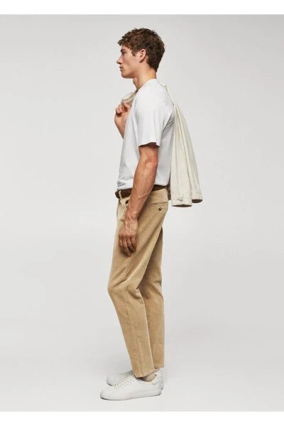 Dar Kesim Crop Fitilli Kadife Pantolon-Bej - 8