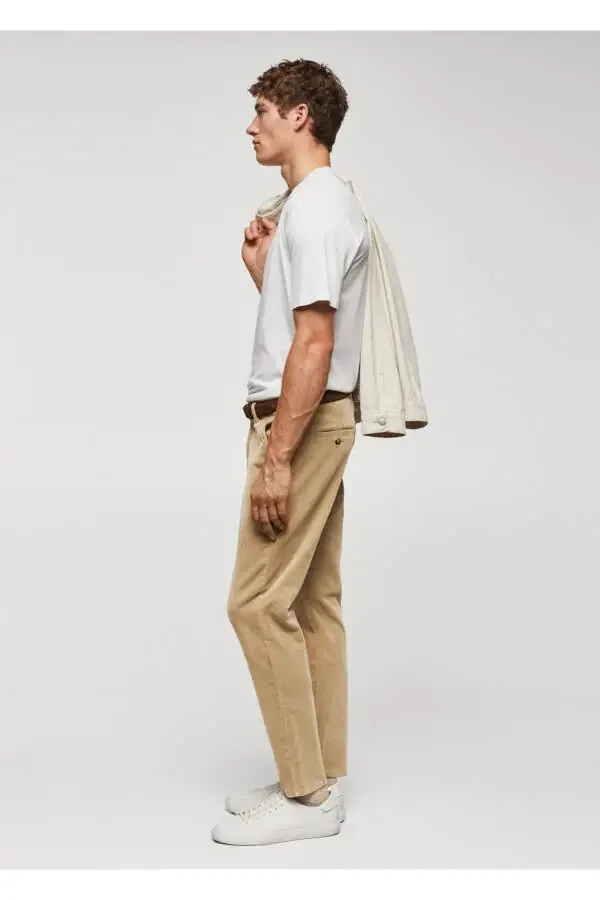 Dar Kesim Crop Fitilli Kadife Pantolon-Bej - 8