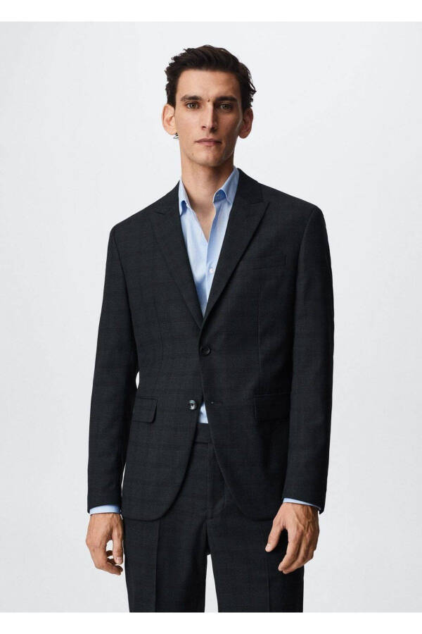 Dar Kesim Kareli Blazer Ceket - Gece Mavisi - 1