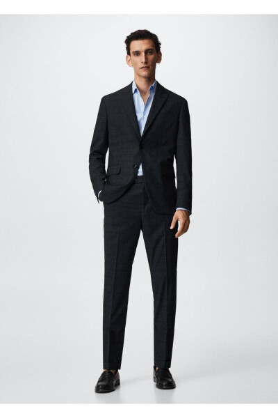 Dar Kesim Kareli Blazer Ceket - Gece Mavisi - MANGO MAN (1)