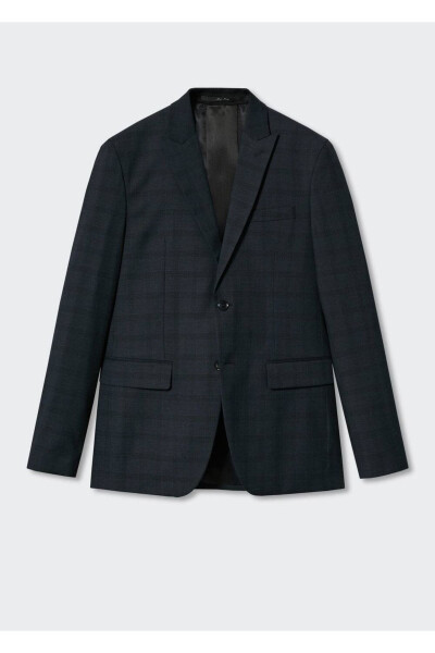 Dar Kesim Kareli Blazer Ceket - Gece Mavisi - 3