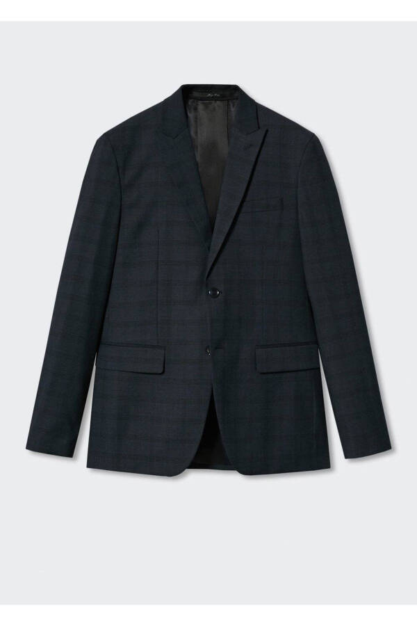 Dar Kesim Kareli Blazer Ceket - Gece Mavisi - 3