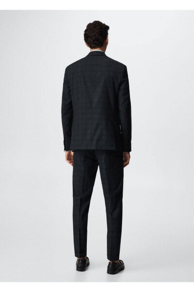 Dar Kesim Kareli Blazer Ceket - Gece Mavisi - 4