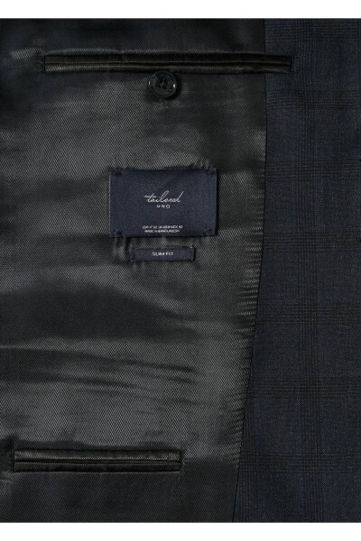 Dar Kesim Kareli Blazer Ceket - Gece Mavisi - 8