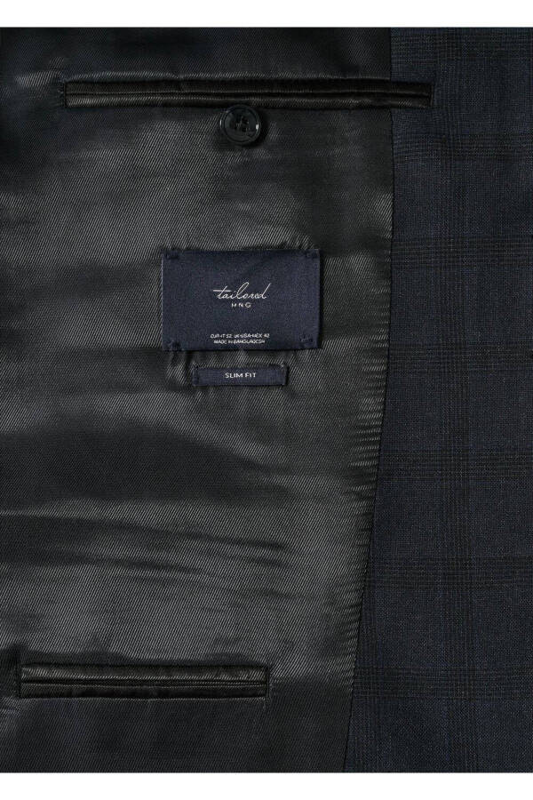 Dar Kesim Kareli Blazer Ceket - Gece Mavisi - 8