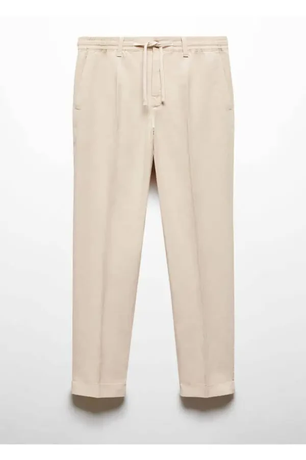 Dar Kesim Keten Karışımlı Büzgülü Pantolon-Bej - 3