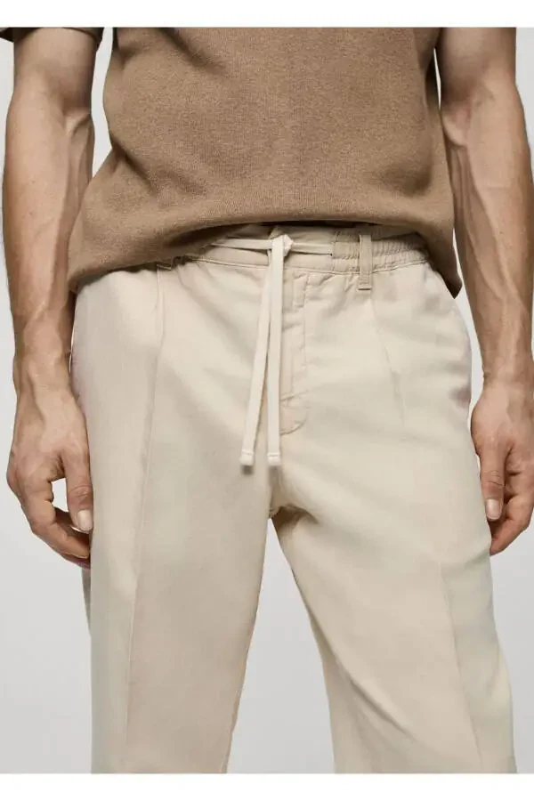 Dar Kesim Keten Karışımlı Büzgülü Pantolon-Bej - 5