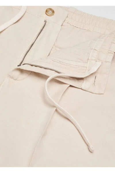 Dar Kesim Keten Karışımlı Büzgülü Pantolon-Bej - 6