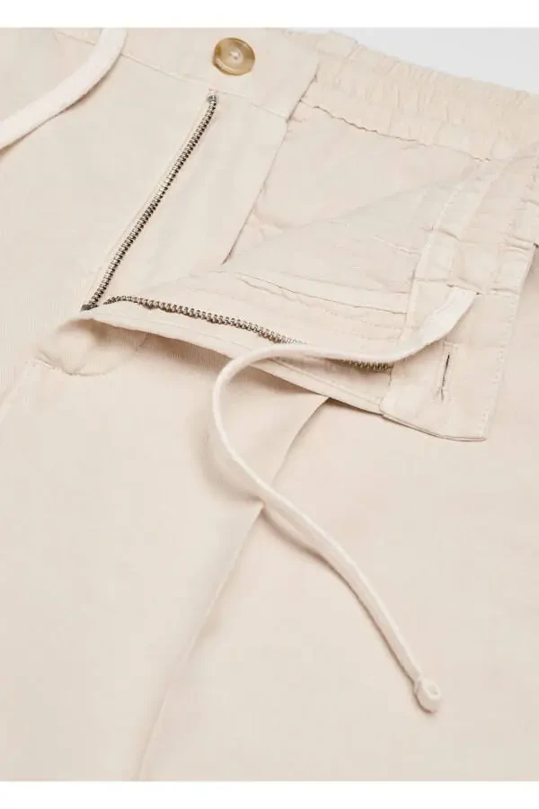 Dar Kesim Keten Karışımlı Büzgülü Pantolon-Bej - 6