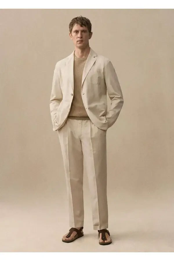 Dar Kesim Keten Karışımlı Büzgülü Pantolon-Bej - 8