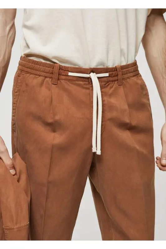 Dar Kesim Keten Karışımlı Büzgülü Pantolon - Yanık Turuncu - 5