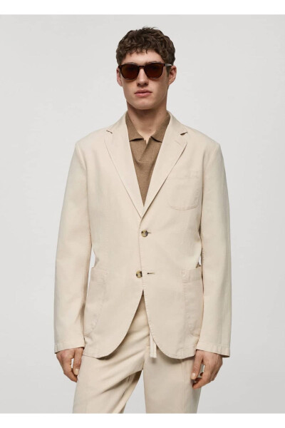 Dar kesim keten-pamuk karışımlı blazer ceket - Bej 
