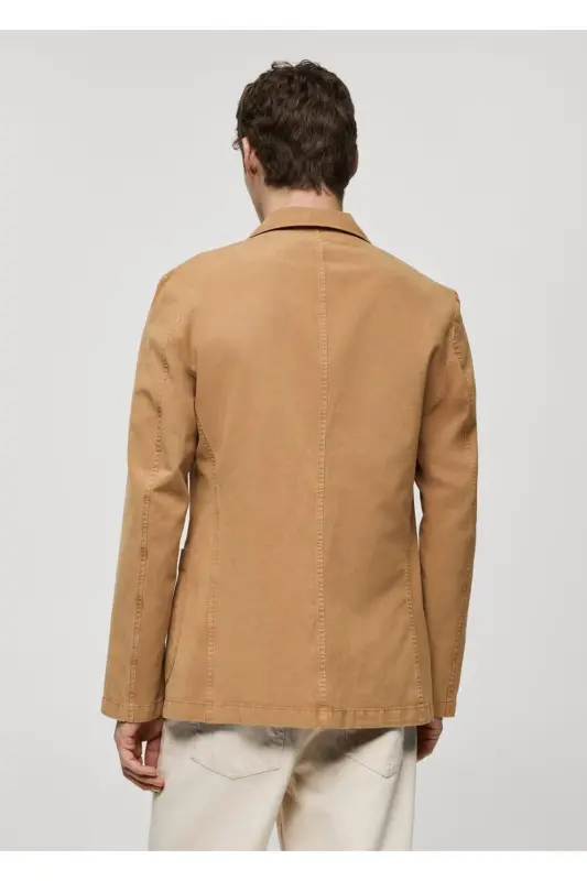 Dar kesim keten-pamuk karışımlı blazer ceket - Kahverengi - 4