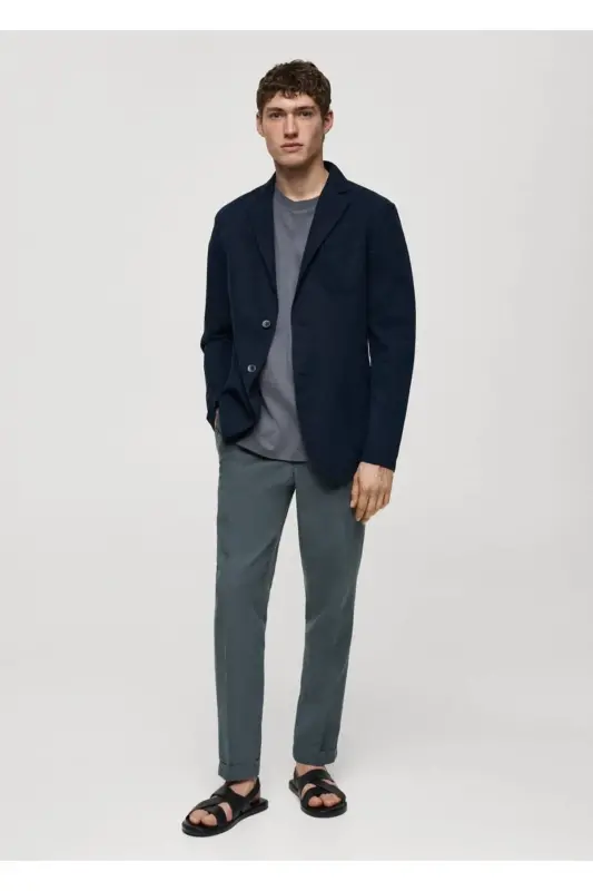 Dar kesim keten-pamuk karışımlı blazer ceket - Lacivert - 2