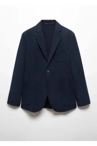 Dar kesim keten-pamuk karışımlı blazer ceket - Lacivert - 3
