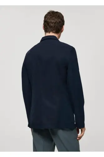 Dar kesim keten-pamuk karışımlı blazer ceket - Lacivert - 4