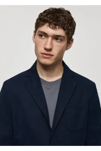 Dar kesim keten-pamuk karışımlı blazer ceket - Lacivert - 6