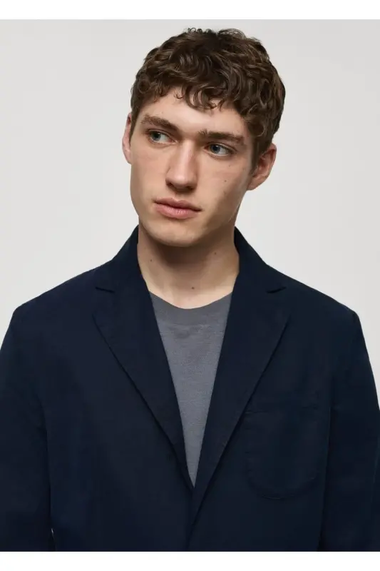Dar kesim keten-pamuk karışımlı blazer ceket - Lacivert - 6